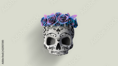 Mexican skull with blue roses. Day of the dead Mexican holiday.