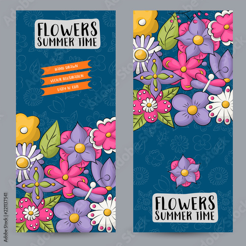A set of floral vertical banners. Spring and summer concept cards. Vector illustration.