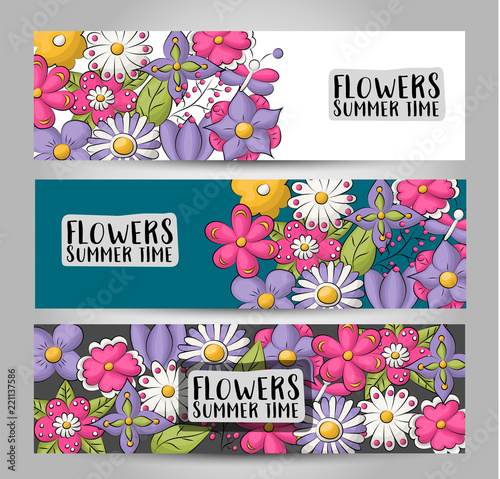 A set of floral horizontal banners. Spring and summer concept cards. Vector illustration.