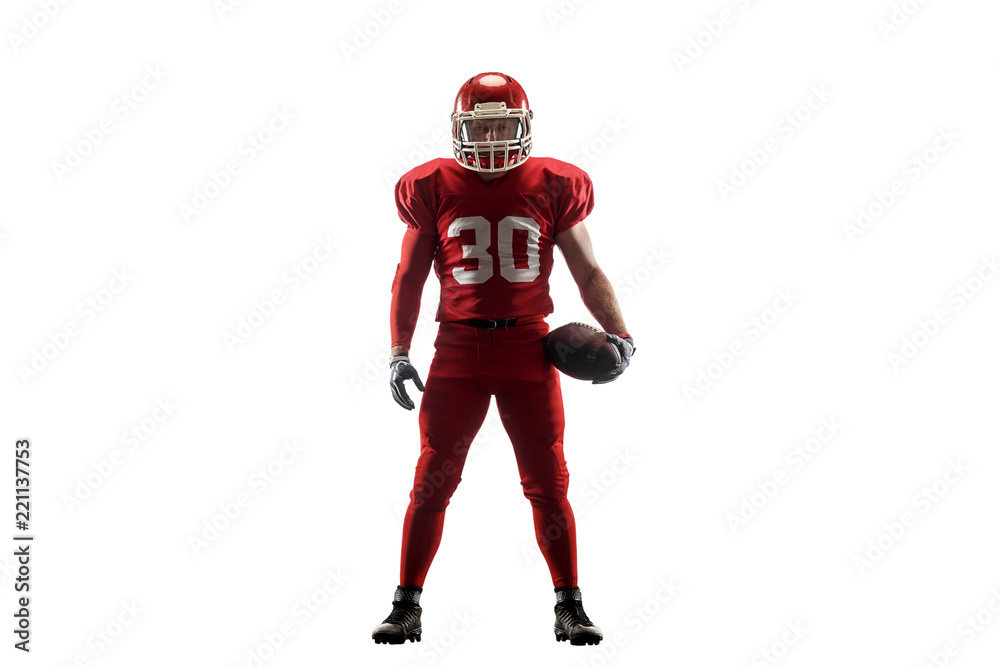 Active one american football player isolated on white background. Fit caucasian man in uniform posing over studio background. Human emotions and facial expressions concept Active one american football player isolated on white background. Fit caucasian man in uniform posing over studio background. Human emotions and facial expressions concept