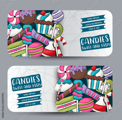 Candies and sweets horizontal banner template set.  Vector illustration.