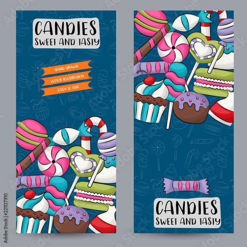 Candies and sweets vertical banner template set.  Vector illustration.