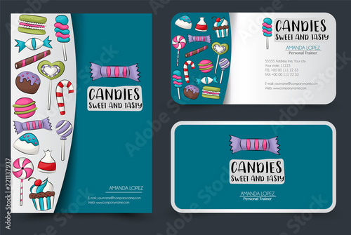 Candy flyer and business cards set. Brochure and banner templates mockup for corporate identity style. Vector illustration.