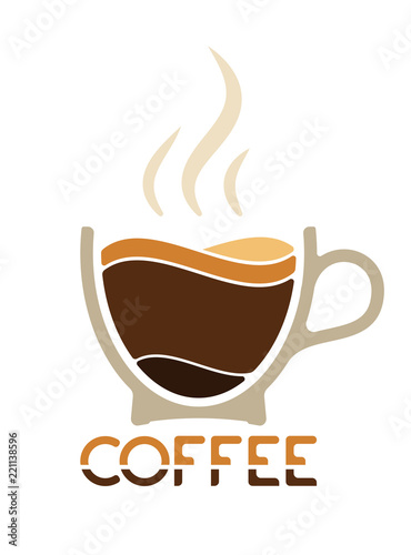 Morning cup of coffee for waking up. Logo or emblem. Layers of coffee in a cup and steam on top
