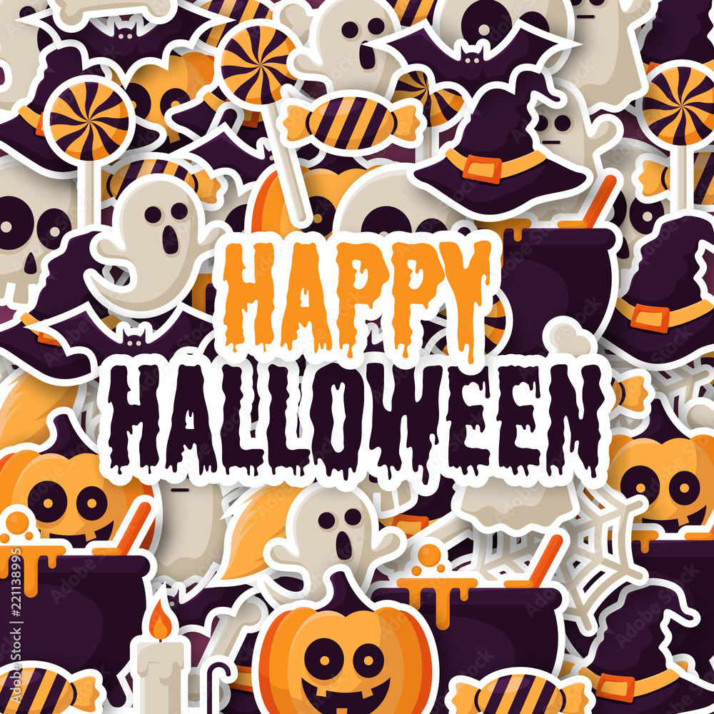 Happy Halloween Background with  pumpkins, ghosts, candy, witch broom, bats, cobwebs, skulls, bones, headstones, witch hats. Flat icon. Vector Illustration