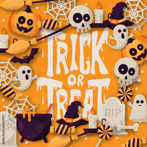 Happy Halloween Background with  pumpkins, ghosts, candy, witch broom, bats, cobwebs, skulls, bones, headstones, witch hats. Flat icon. Vector Illustration