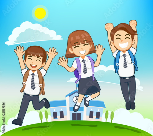 Students ready intend to participate new course. Kids go to school happily.