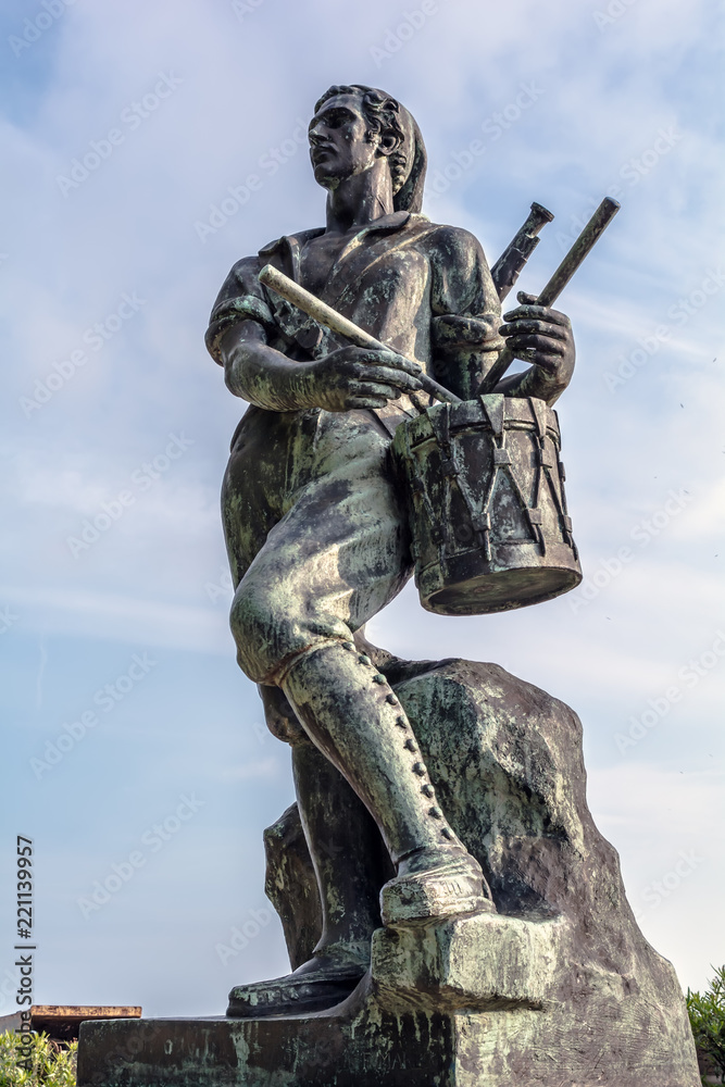 Barcelona, Spain - May 10, 2018: Statue of the Drummer of El Bruc by sculptor Frederic Mares at the Montjuic Castle. The statue is based on a legend and is important Catalan symbol. Barcelona, Spain - May 10, 2018: Statue of the Drummer of El Bruc by sculptor Frederic Mares at the Montjuic Castle. The statue is based on a legend and is important Catalan symbol.