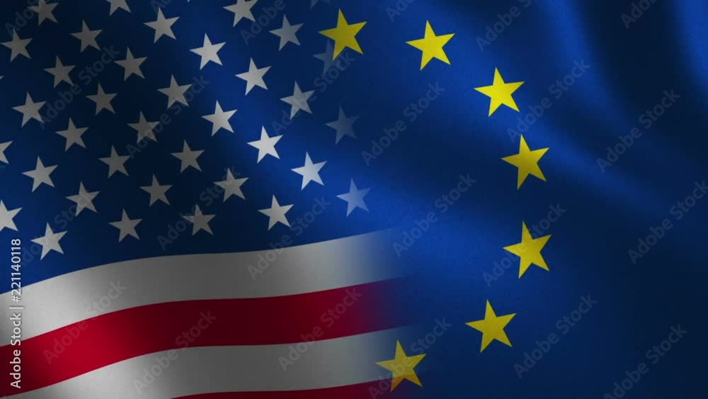 European Union and USA flag waving 3d. Abstract background. Loop animation. European Union and USA flag waving 3d. Abstract background. Loop animation.