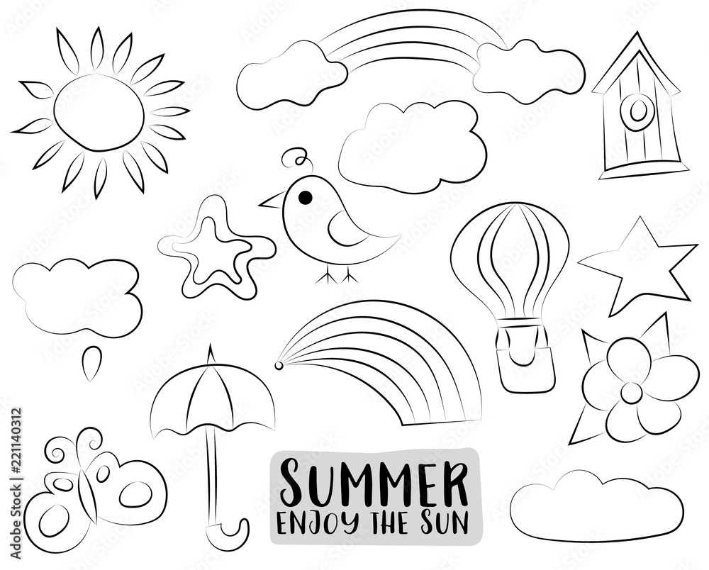 Summer season concept icons. Black and white outline coloring page ...