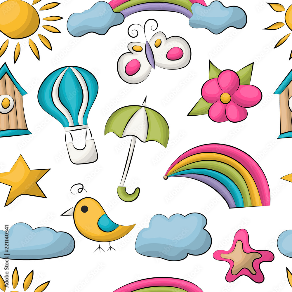 Naklejka premium Summer season seamless pattern. Cute cartoon repeating colorful background. vector illustration.