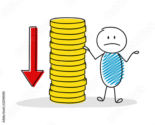 Business pictogram with cartoon stickman showing coin stack. Vector.