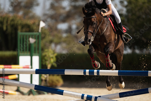 Fototapet Jockey on her horse leaping over a hurdle, jumping over hurdle on competition