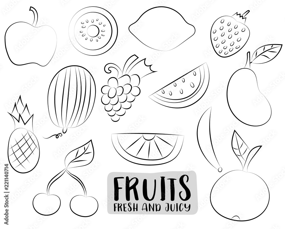 A set of cute fruits. Icons and stickers. Black and white outlined ...