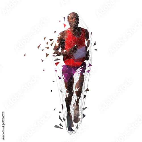 Marathon runner, low polygonal vector illustration. Geometric african american running man, front view
