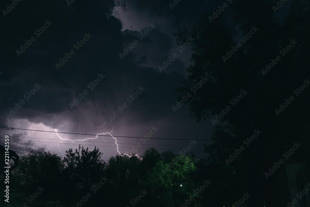 Night summer thunderstorm in the countryside. Night landscape