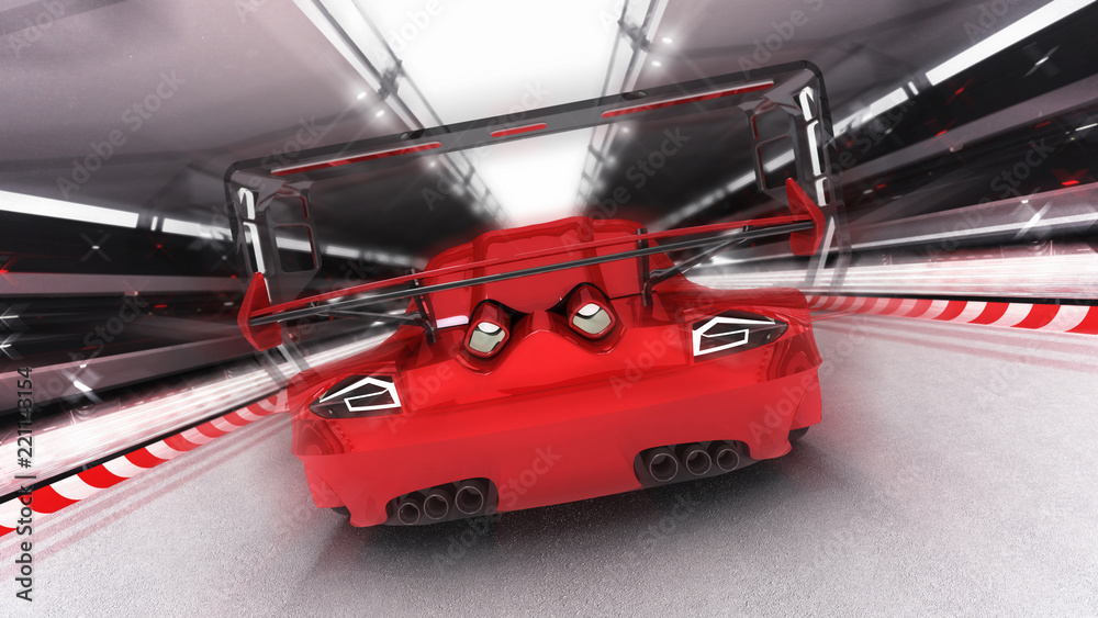 Obraz premium red sport car rides on race circuit, racing sport car rendering 3D illustration