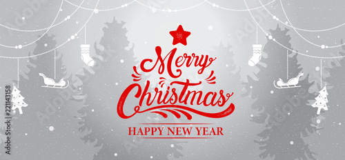 Merry Christmas, happy new year, calligraphy, winter landscape, vector illustration.