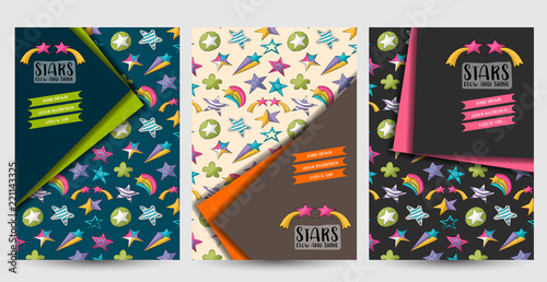 Cute colorful stars on flyer or posters set. Background for advertisement, menu, brochure template. Baby and children design concept. Vector illustration.