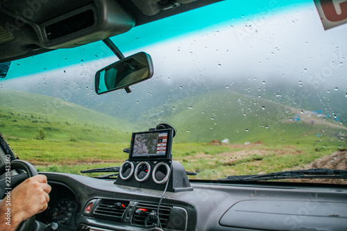 The summer green Carpathian mountains in Ukraine. The sky is over the mountains. Atmospheric landscapes while traveling on a jeep. Offroad expedition © Yaroslav