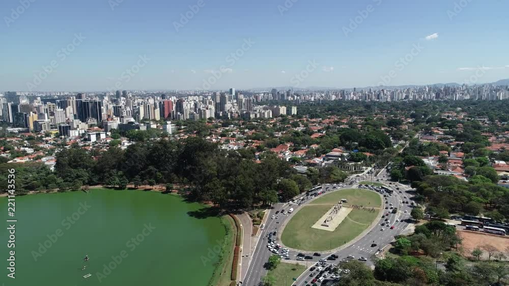 Aerial view of Ibirapuera park in Sao Paulo city, Monument to the ...