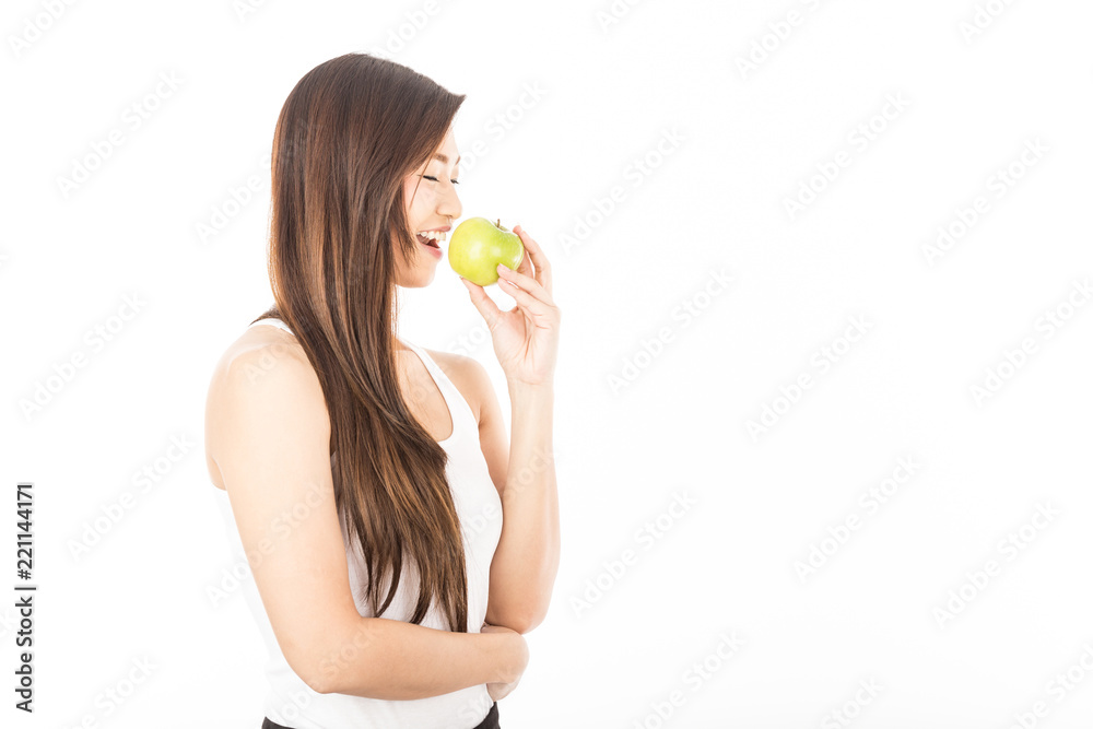 Beautiful Attractive Asian young woman smile eating green apple diet for good health,Isolated on white background,Healthy Concept Beautiful Attractive Asian young woman smile eating green apple diet for good health,Isolated on white background,Healthy Concept