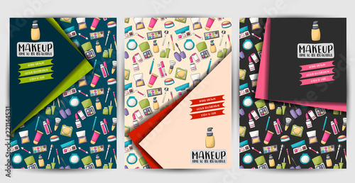 Makeup and beauty flyer or posters set. Background for advertisement, menu, brochure template. Hand drawn cartoon style design concept. Vector illustration.