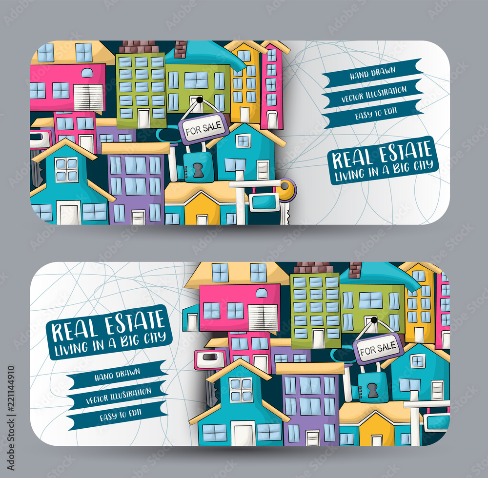 Real estate business horizontal banner set. Cute header for invitation, advertisement, web page. Hand drawn cartoon style design concept. Vector illustration.