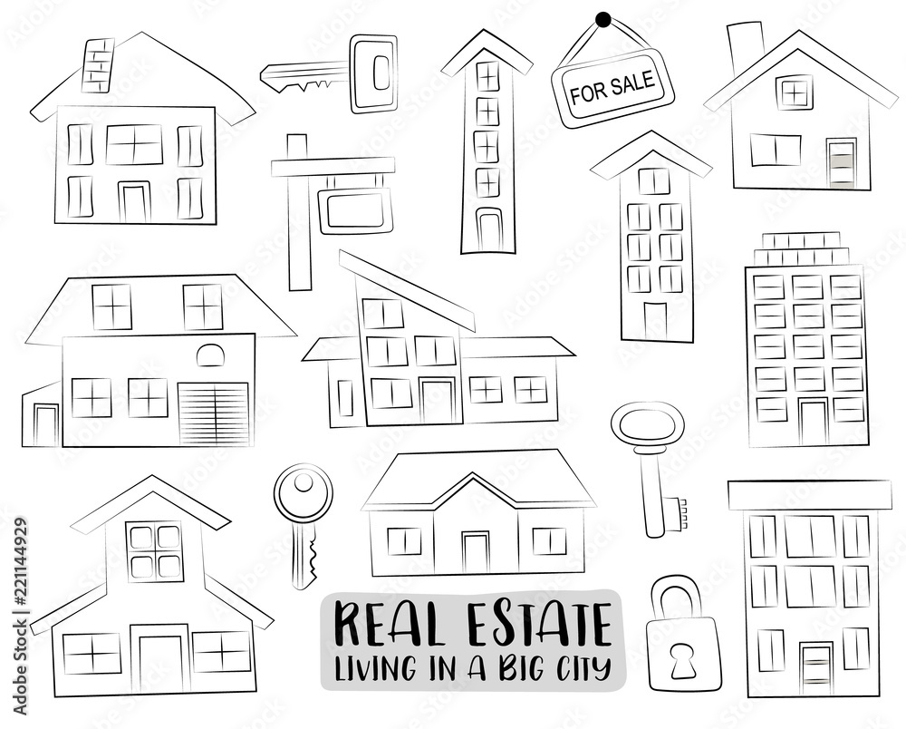 Real estate business set of icons and objects. Hand drawn cartoon style design concept. Black and white outline coloring page kids game. Monochrome line art. Vector illustration.