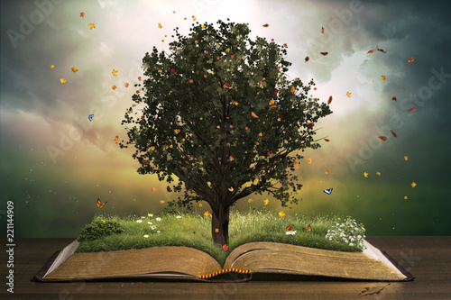 Tree with grass on an open book