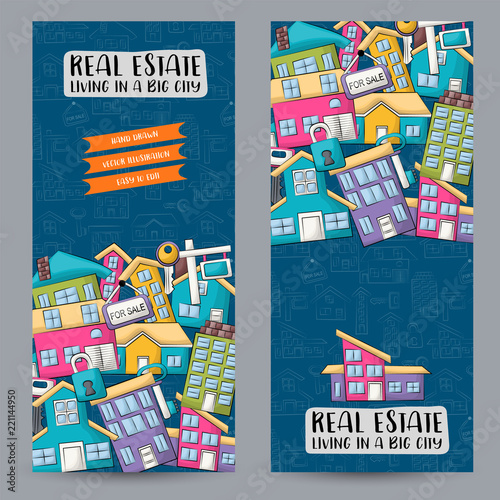 Real estate business vertical banner set. Cute poster for invitation, advertisement, web page. Hand drawn cartoon style design concept. Vector illustration.