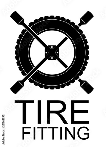 Logo for tire fitting, car service or tire shop. Black simple emblem of the tire and the spanner