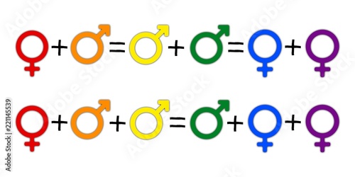 Concept of equation or gender symbol confusion with rainbow arrows, couple selection photo