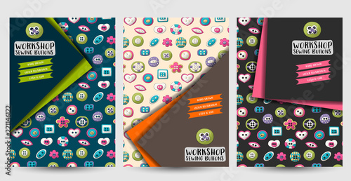 Sewing buttons flyer or posters set. Background for advertisement, menu, brochure template. Hand drawn doodle cartoon style craft workshop concept. Vector illustration.