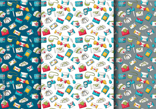 Postal service seamless pattern. Colorful childish decor repeat background. Hand drawn doodle cartoon style mail and package delivery courier design concept. Vector illustration.