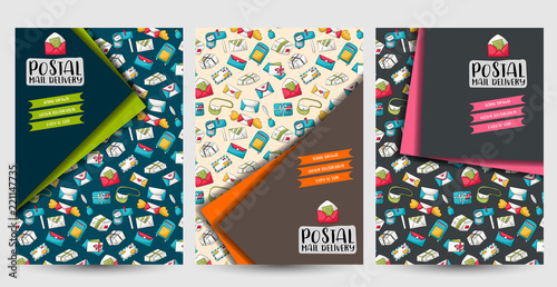 Postal service flyer or posters set. Background for advertisement, menu, brochure template. Hand drawn doodle cartoon style mail and package delivery courier decoration concept. Vector illustration.