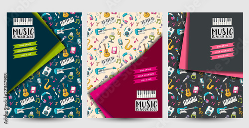 Music art flyer or posters set. Background for advertisement, menu, brochure template. Hand drawn doodle cartoon style modern musical trends decoration concept. Vector illustration.