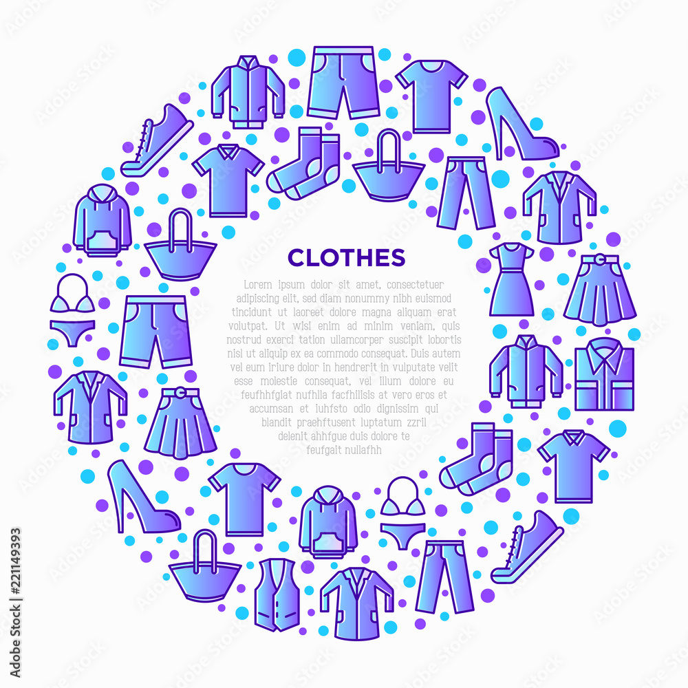 Clothing concept in circle with thin line icons set: shirt, shoes, pants, hoodie, sneakers, shorts, underwear, dress, skirt, jacket, coat, socks. Modern vector illustration, print media template. Clothing concept in circle with thin line icons set: shirt, shoes, pants, hoodie, sneakers, shorts, underwear, dress, skirt, jacket, coat, socks. Modern vector illustration, print media template.