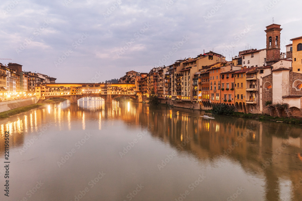 Panorama of Ponte Vecchio, famous bridge in Florence, Italy, shot taken at dusk, after sunset