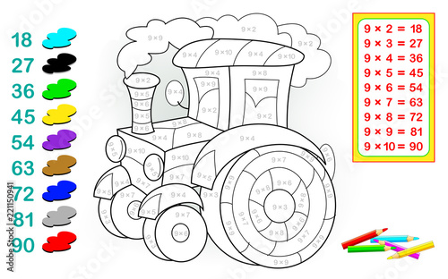 Worksheet with exercises for children with multiplication by nine. Need to solve examples and paint the tractor in relevant colors. Vector cartoon image.