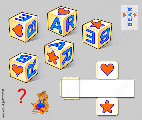 Logic puzzle game for children and adults. Need to draw the letters in white squares so the pattern corresponds all the cubes and read the word. Vector cartoon image.