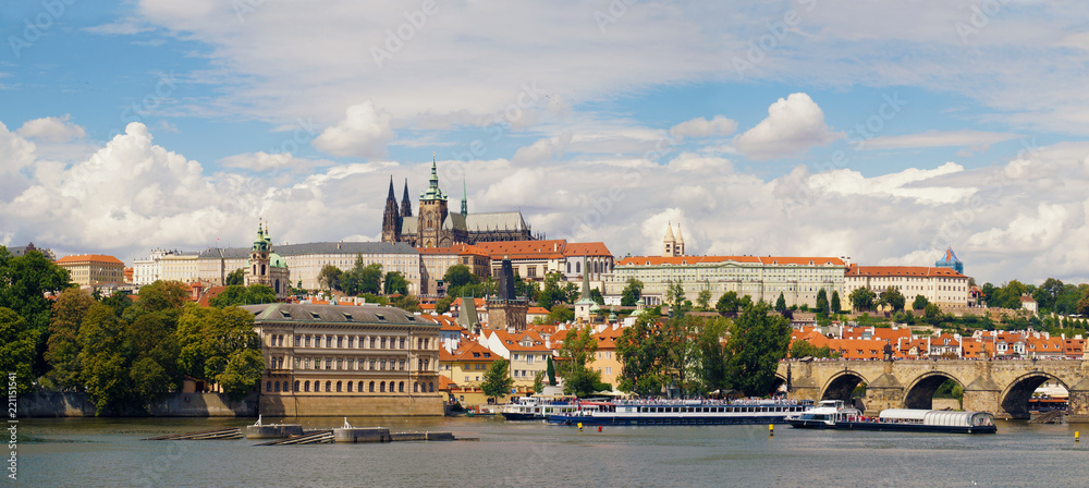 A panorama of the characteristic place of the Czech capital, the Hradčany castle and the Charles Bridge.
