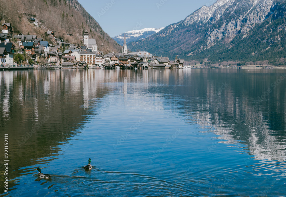 Panoramic view of Hallstatt village located in Austria. Black roofs of the houses. Lakeside