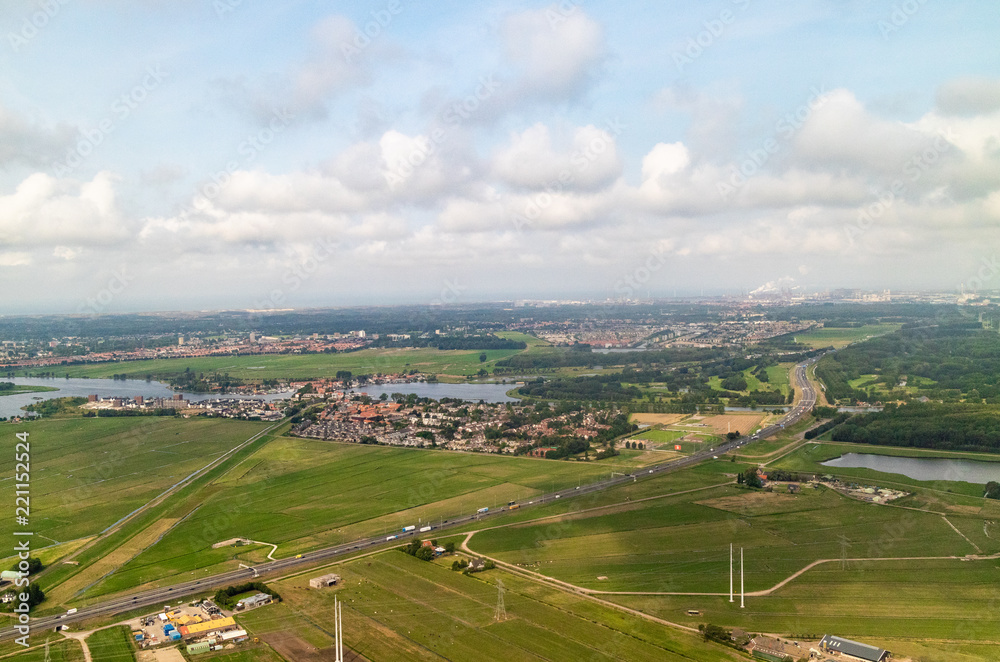 An aerial view of the fields and flatlands near Amsterdam in the Netherlands
