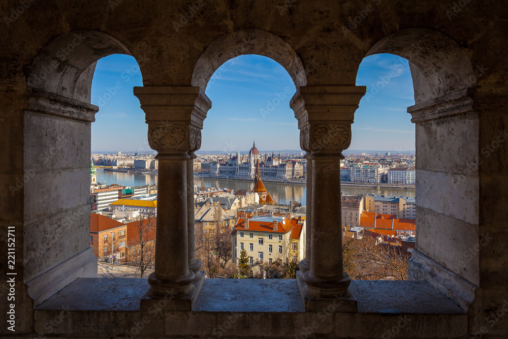 BUDAPEST / HUNGARY - FEBRUARY 02, 2012: Framed panorama of the city, shot taken from window at Fishermans Bastion during winter sunny day BUDAPEST / HUNGARY - FEBRUARY 02, 2012: Framed panorama of the city, shot taken from window at Fishermans Bastion during winter sunny day