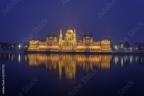 BUDAPEST / HUNGARY - FEBRUARY 04, 2012: Night panorama of the parliment building located in the capitol of the country