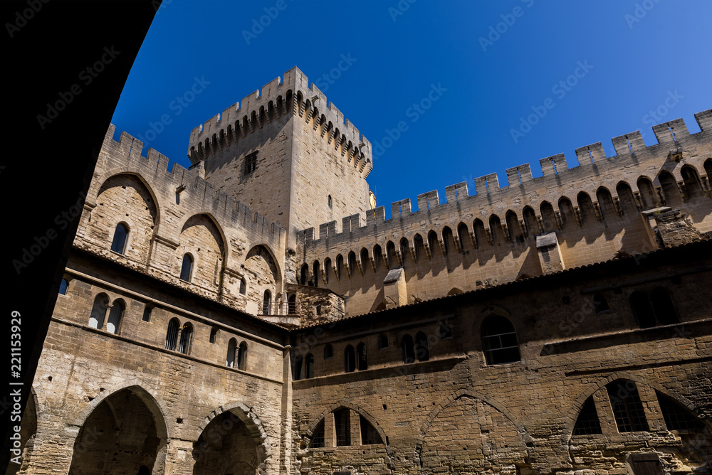 low angle view of historical Palais des Papes (Papal palace) in Avignon, France