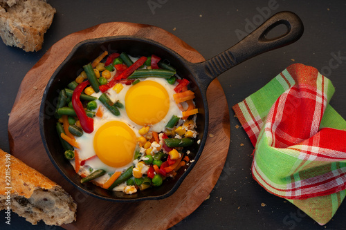Fried eggs in a cast iron