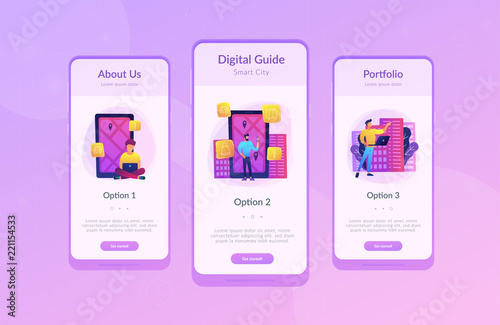 Mobile app ui design. Man near screen with city map and gps tags on the screen getting city information. Mobile center, IoT, smart city concept. Vector concept illustration on ultraviolet background.