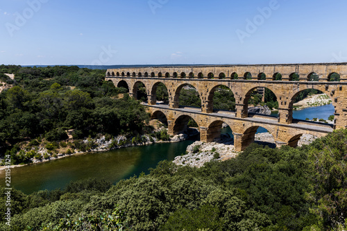aerial view of Pont du Gard (bridge across Gard) ancient Roman aqueduct across Gardon River in Provence, France